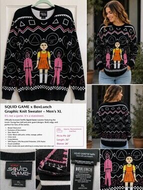 🖤 Squid Game x BoxLunch Young-Hee Graphic Knit Sweater Men’s XL